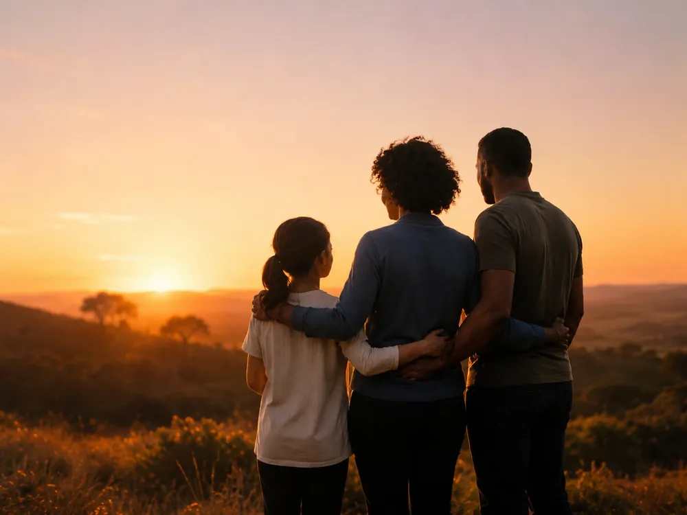 A family of three standing together, arms around each other, watching a sunset