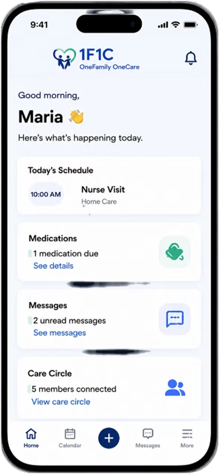 The 1F1C app showing today's schedule, medications, messages and the care circle