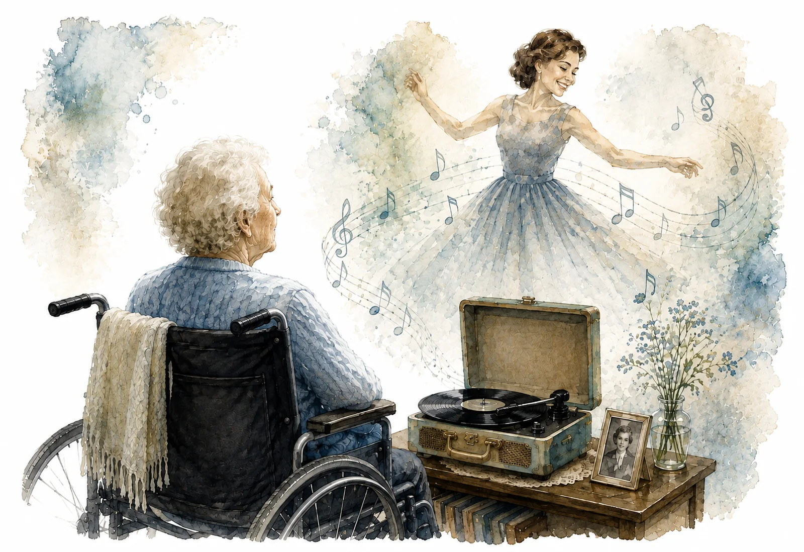 A watercolour of an older woman in a wheelchair listening to a record player, with her younger self dancing in the music above it