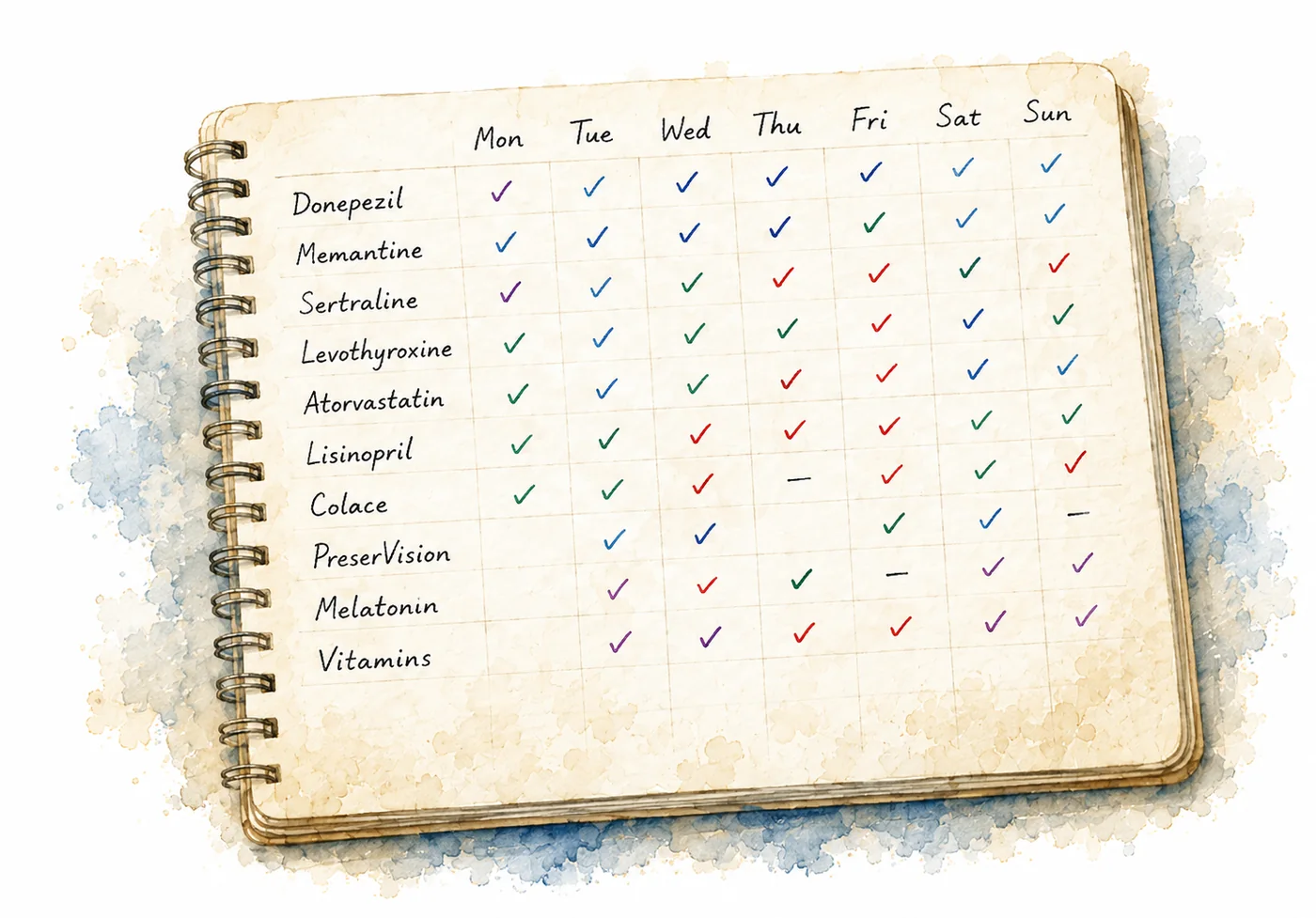 A watercolour of the spiral notebook: a week of medication names down the side, days across the top, and hand-drawn check marks in the grid